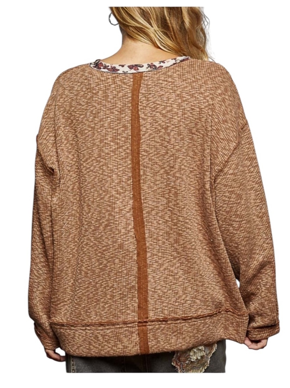 POL Brown Scoop Neck Balloon Sleeve with Floral accents Top - Picture 3 of 7